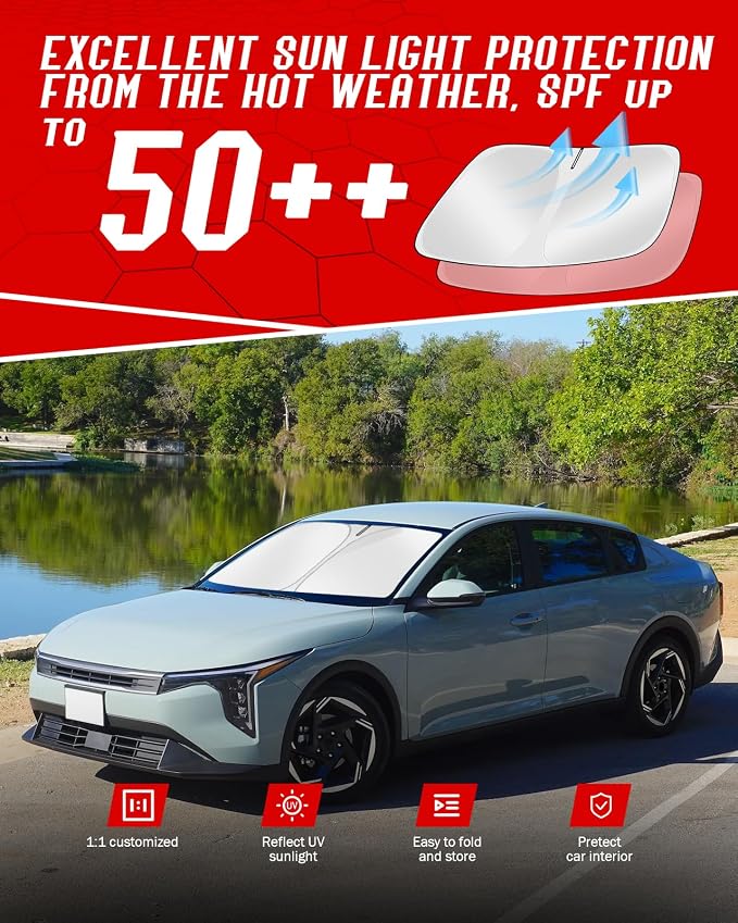 Custom Fit Windshield Sun Shade for Kia K4 2025 2026 | Foldable, Easy to Install & Store, Full Coverage, 210T Reflective Fabric, Blocks 99% of UV Rays - Image 7