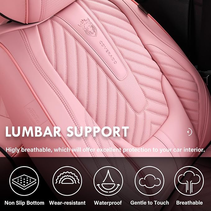 Coverado Seat Covers Front Seats, Car Seat Cover Protector with Lumbar Support, Waterproof Car Seat Cushion, Leather Seat Covers Carseat Cover Universal Fit for Most Cars，Pink - Image 5