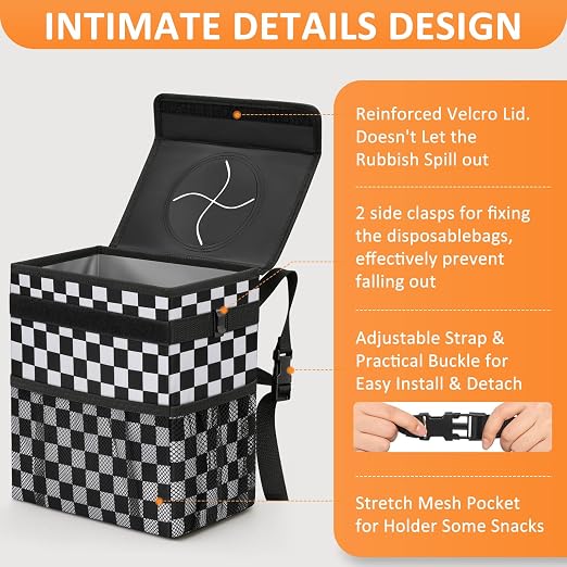Vankor Car Trash Can with Lid Leak Proof Car Accessories for Women | 3 Gallon Cute Hanging Car Trash Bin for Men Car Truck Auto Interior Automotive Garbage Cans, Black White Checkered - Image 4