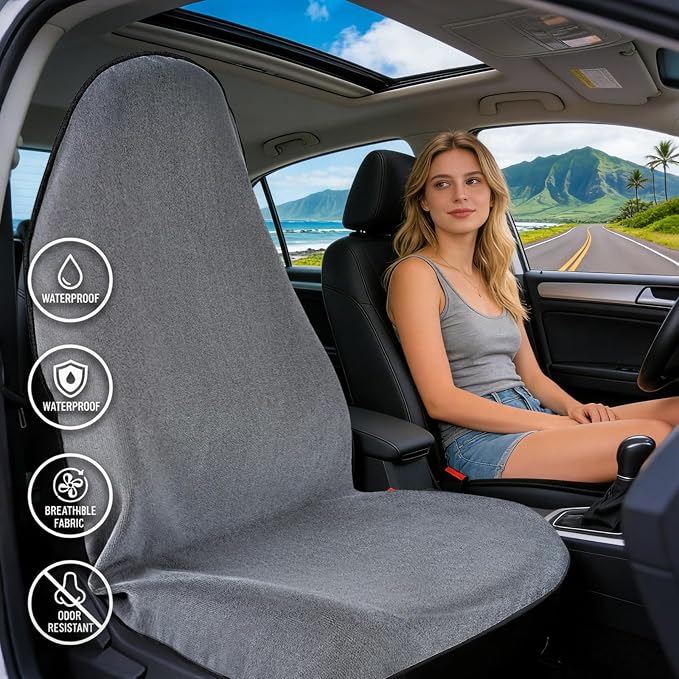 ZIMABLUE 1PC Waterproof Towel Car Seat Cover - 525g Heavy Duty 3-Layer Microfiber Sweat Protector for Bucket Seats - Non-Slip Machine Washable Universal Fit for Gym, Yoga, Beach, Pets & Outdoors-Gray - Image 2