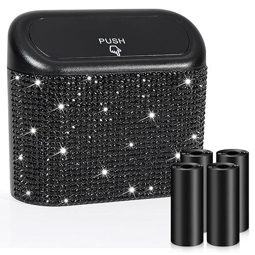 Accmor Bling Car Trash Can with Lid, Mini Auto Garbage Storage Bin with 60pcs Garbage Bags, Sparkling Crystal Trash Bags Holder Dustbin Vehicle Accessories Container Organizer (Black Rhinestone) by Accmor