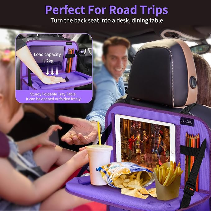 LUCMO Car Backseat Organizer with Foldable Tablet Holder, Dark Purple | 2 Pcs,6 Storage Pockets,Foldable Food Tray,Protectors Kick Mats,Travel Accessories,Seat Cover,Road Trip Essentials - Image 5