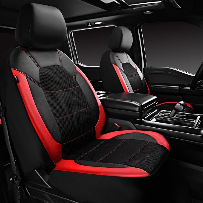 CAR PASS Leather Car Seat Covers Front Seats Only, with Air Mesh Front Seat Covers Breathable, Cool Automotive Seat Covers 2 Pack, Universal Fit Most Cars,SUV,Truck,Van Airbag Compatible(Black & Red) - Image 7