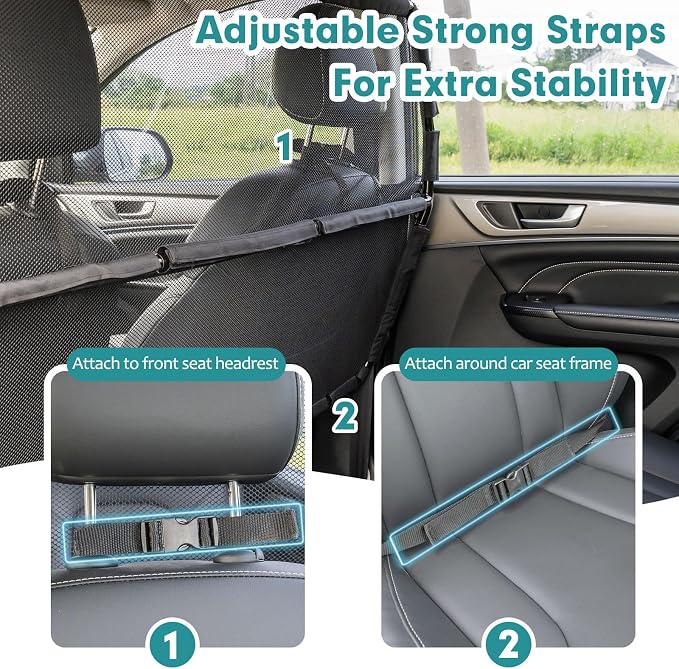 Dog Car Barrier Escape-Proof, 50" Wide Car Divider for 2nd 3rd Row Seats & Cargo Area, Durable Back Seat Car Gate Trunk Barrier with See Through Net Mesh for Small Trucks & SUV & Mid-Sized Vehicle - Image 6