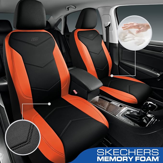 Skechers Memory Foam Seat Covers,Leather Car Seat Covers, Ultimate Comfort & Support Front Seat Covers Airbag Compatible, Automotive Universal Fit Most for SUVs, Vans, Sedans, Cars, Trucks,Orange - Image 2