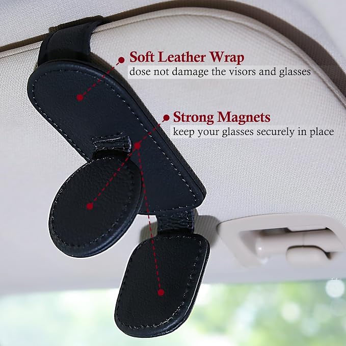 KIWEN 2 Pack Sunglasses Holder for Car Visor, Magnetic Leather Sunglass Eyeglass Hanger Clip for Car Sun Visor Accessories (2, Black) - Image 4