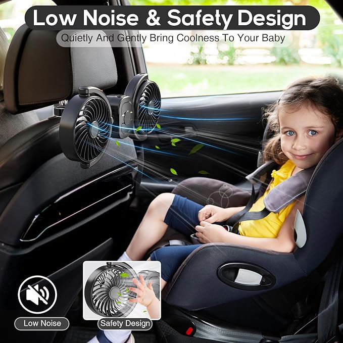 Dealswin Rechargeable Car Fan for Backseat Kids Baby, Battery and USB Dual Power Car Fans, Powerful 3 Speeds 360° Rotatable Dual Head Cooling Car Seat Fan for Sedan SUV RV Truck Vehicle - Image 7
