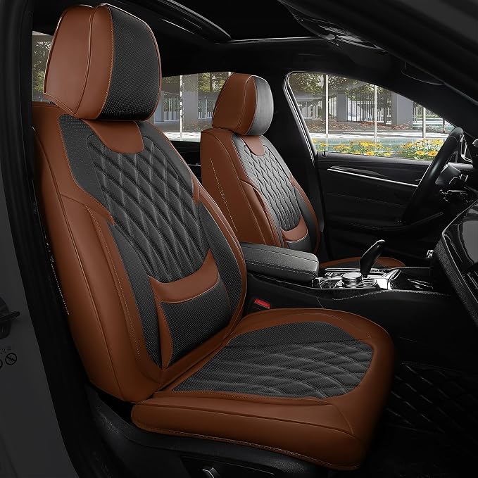 FREESOO Car Seat Covers Full Set Faux Leather Universal Fit Brown Black | faux nappa leather seat covers, waterproof breathable, full set lumbar support, front rear covers, fit sedans suvs pickups by FREESOO