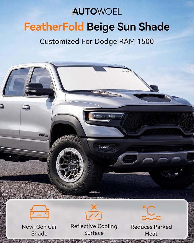 Cooling Windshield Sun Shade for Dodge RAM 1500 2011-2026, 240T Beige | Heat-Insulating Fabric, 99% UV Protection and Heat Insulation, Foldable, Storage Bag Included, for Cars SUVs and Trucks - Image 2