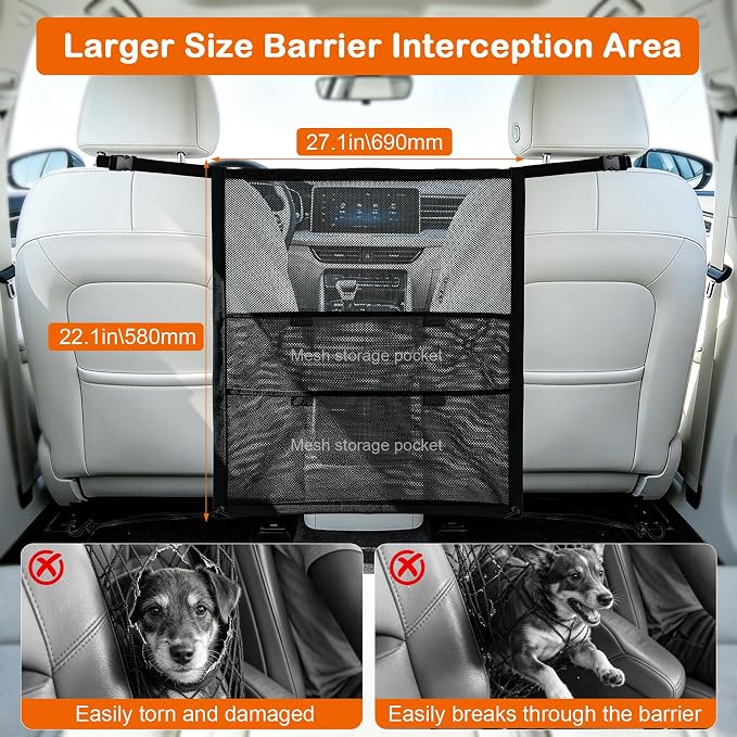 Dog Car Barrier Net Divider with 2 Large Storage Pockets | Easy to Install, Universal for Car, SUV, Truck - Image 2