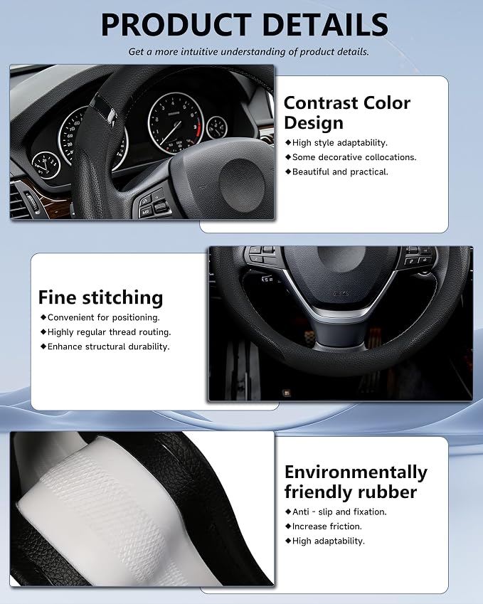 Cxtiy Car Steering Wheel Cover for Men Women Universal Leather Steering Covers for Car SUV (Full-Black) - Image 5