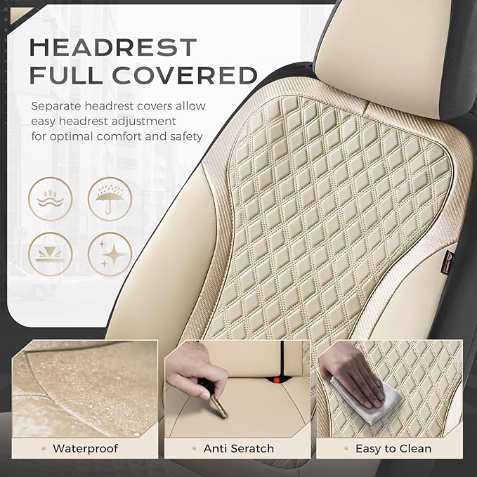 Coverado Car Seat Covers Full Set, Beige Car Seat Covers, Luxury Leather Car Seat Cover with Carbon Fiber Textured Design, Spill-Proof Seat Cushions, Automotive Seat Cover Universal Fit Most Cars - Image 3