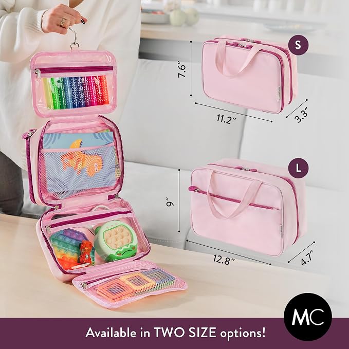 Kids Travel Organizer – Multi-Compartment, Water-Resistant Hanging Bag for Toys, Snacks, & Activities - Compact, Lightweight Design with Hook & Carry Handle - Perfect for Travel Use (Pink, Small) - Image 7