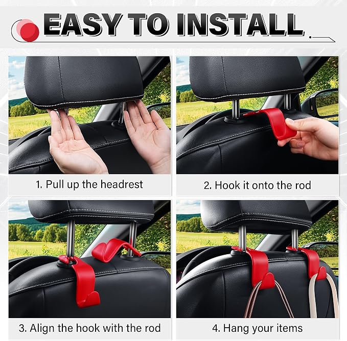 SINGARO 4 Pack Car Seat Headrest Hooks, Vehicle Back Seat Hanger Storage Organizer for Purse Handbag Backpack Coat Grocery, 360° Rotating Heavy Duty Holds 44lbs, Red - Image 5