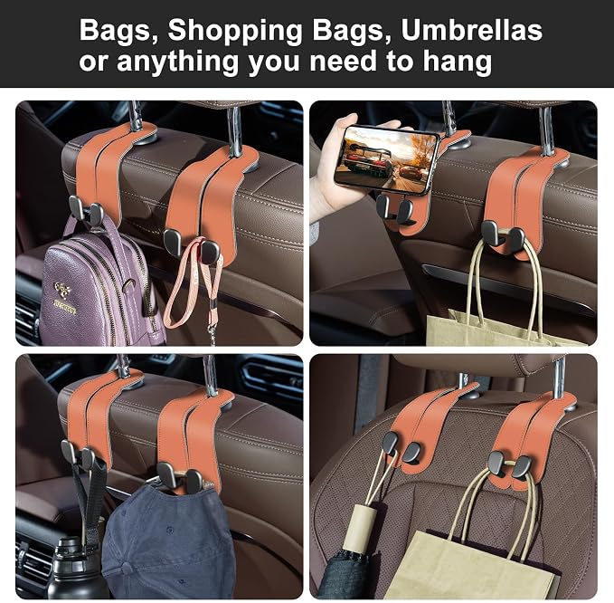 CoBak Purse Hook for Car - Universal Premium Stitched Leather and Aluminum-Magnesium Alloy Double Car Seat Back Storage Hook for Purses, Handbags, Bags (2 Pack),Coral Orange - Image 4