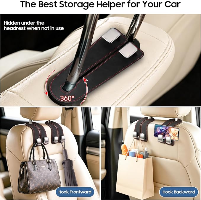 Amooca Car Headrest Hooks 2-Pack Suede Seat Organizer with Metal Core | Universal Fit, Double-hook Design, Backseat Storage for Backpack Umbrella Water Bottle Coat Purses Handbags Groceries, Black - Image 3