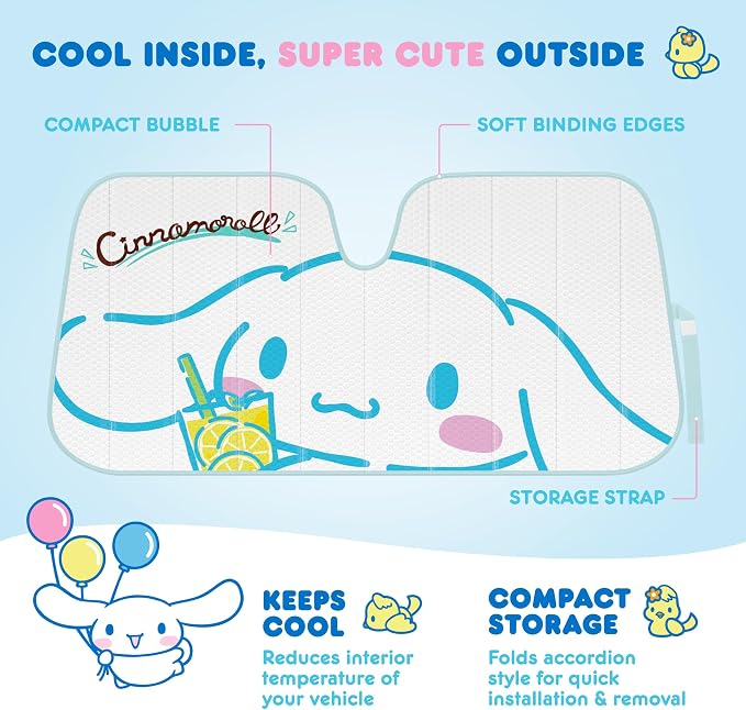 Carbella Cinnamoroll Car Windshield Sun Shade, Official Sanrio Accordion Style Sunshade for Car Window, Cute Kawaii Car Sun Shade Windshield, Cinnamoroll Car Accessories for Women (Lemon Chill) - Image 3