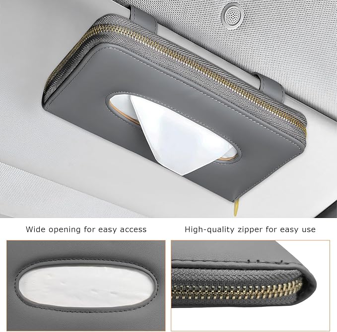 Car Tissue Box, Leather Auto Sun Visor Napkin Case Tissue Case Holder with Zipper, Sunvisor Paper Towel Storage Box Napkin Organizer for Most Vehicles, Car Accessories (Gray) - Image 3