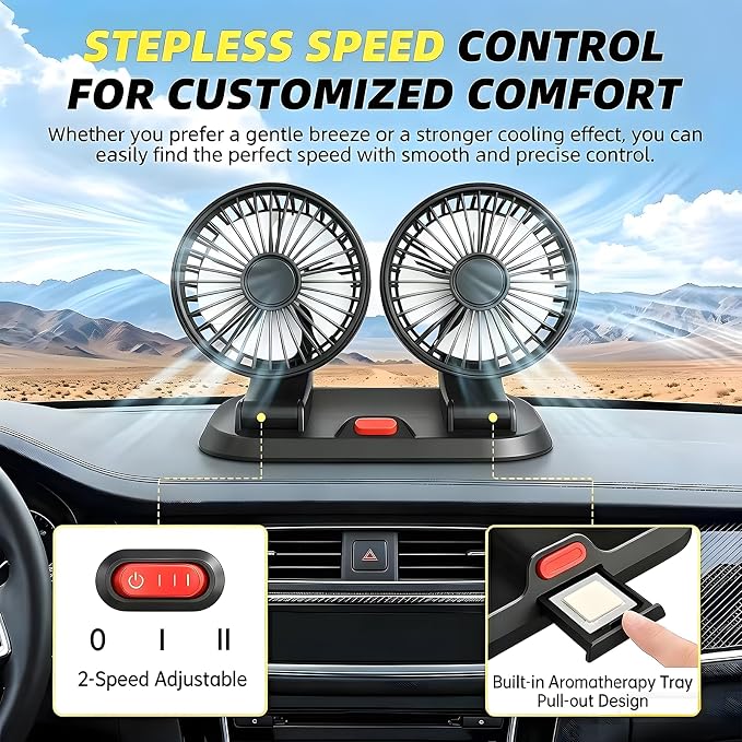 5V USB Dual Car Fan for SUV/Truck/RV, 2-Speed 360° Rotate, No AC Required | Universal compatibility (cars/trucks/RVs/tractors/UTVs)，Dual-head independent 360° rotation，2-speed turbo airflow - Image 2