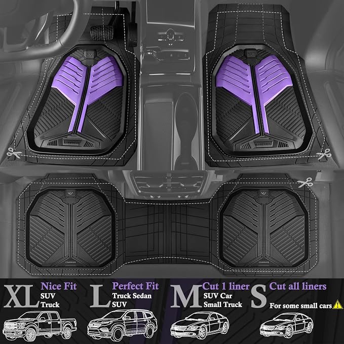 CAR PASS Heavy Duty Rubber Car Mats, Deep-Dish Car Floor Mats All Weather, Universal Two-Tone Trim-to-Fit for SUVs Trucks Sedans, Waterproof Anti-Slip, 3 Pieces V12 Black and Metallic Purple - Image 2