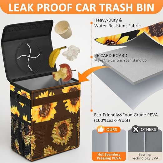 Vankor Car Trash Can with Lid Leak Proof Car Accessories for Women | 2.2 Gallon Cute Hanging Car Trash Bin for Men Car Truck Vehicle Sedan SUV Interior Automotive Garbage Cans, Sunflower - Image 3