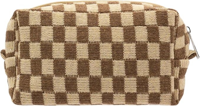 PAZIMIIK Checkered Makeup Bag for Purse Portable Zipper Make Up Pouch Small Cosmetic Case for Travel Accessories (Coffee) | Cute Zipper Makeup Organizer for Women, Travel Essentials, Toiletries, Makeup Brushes, Beauty Accessories&Bridesmaid Gifts by PAZIMIIK
