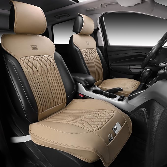 CAR PASS Car Seat Protector, 2 Pack Sideless Nappa Leather Seat Covers for Cars, All Season Waterproof Breathable Front Seats Cushion with Storage Pocket Universal Fit Vehicle Car SUV Truck, All Beige by CARPASS