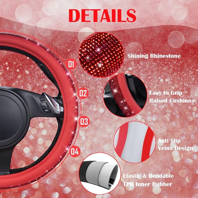 CAR PASS Bling Diamond Leather Steering Wheel Cover, with Bling Sparkly Crystal Glitter Rhinestones Universal Fit 14" 1/2-15" Car Wheel Protect for Women Girl Fit Suvs,Vans,Sedans,Cars,Trucks, Red - Image 4