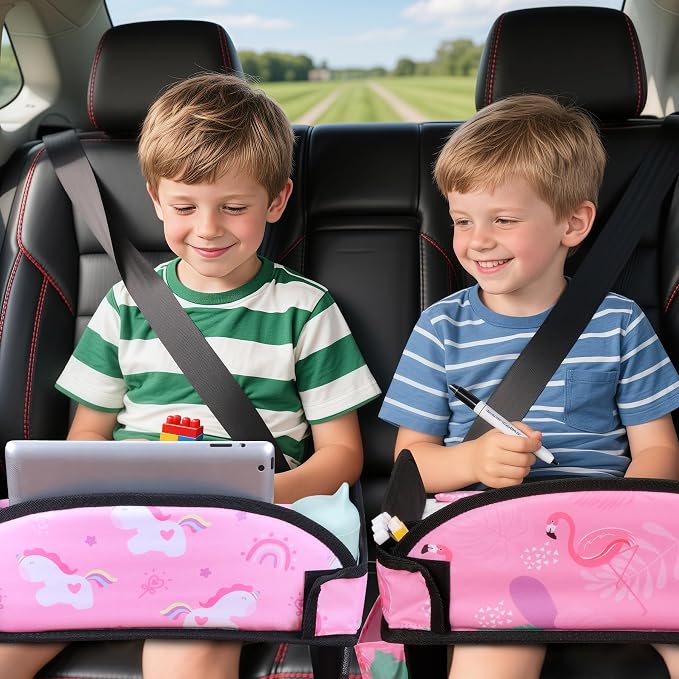 2PCS Kids Travel Tray, Toddler Road Trip Essentials With Drawing Kit | Dry Erase Board, iPad Holder Stand, Adjustable Straps to Prevent Shaking, Multi-Pockets, Portable - Image 2