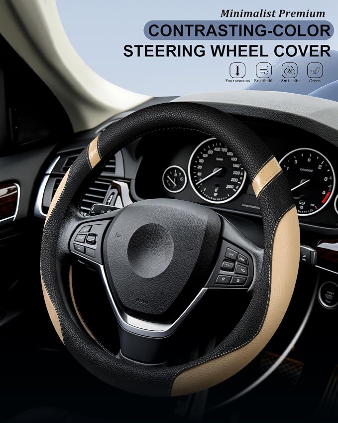 Steering Wheel Cover for Car Leather Universal Steering Wheel Covers for Men Women Fit Cars SUV Truck Pickup 15inch (Beige) - Image 2