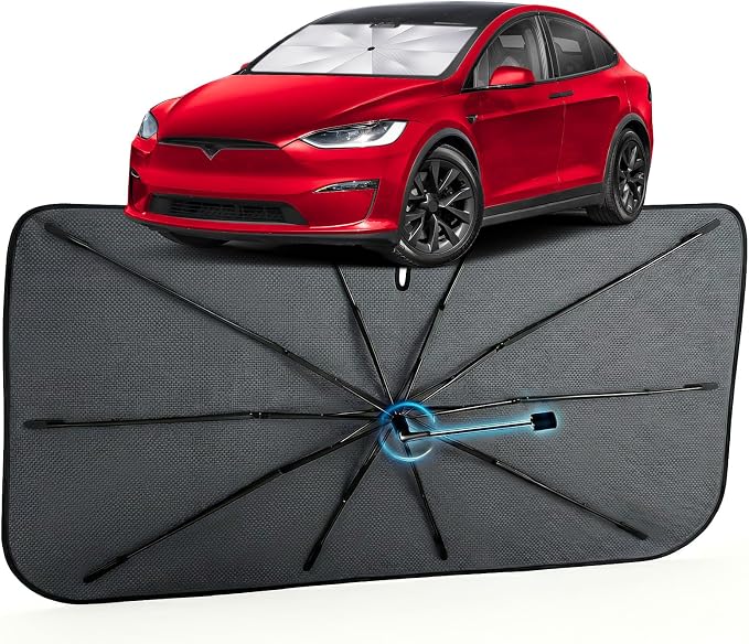 Car Windshield Sun Shade Umbrella for Tesla Model X 2016-2026, 1:1 Fit | [Reflective Coated Fabric] Car Shades Sun Visor Keep Car Cool and Protects Interior, Sunshade Umbrella for Front Window by MakeLifeBetter