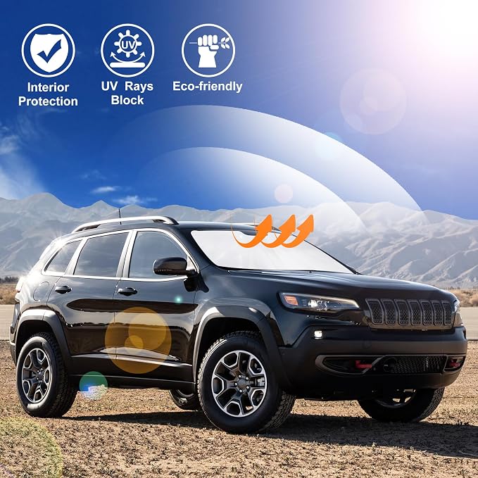 Windshield Sun Shade for 2014-2023 Jeep Cherokee Accessories | Full covered, Foldable & Durable, Block UV Rays, Reduce Heat, Easy to install, Keep Car Cooler - Image 6