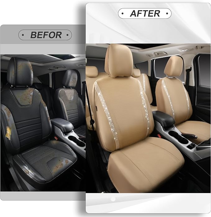 CAR PASS Bling Diamond Car Seat Covers Full Set, Shining Glitter Rhinestone Waterproof Faux Leather Interior Sets Universal Fit Automotive Glitter Crystal Sparkle Strips for Cute Women Girl, Beige - Image 5
