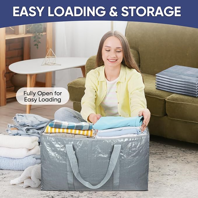 TICONN 6 Pack Extra Large Moving Bags Heavy Duty with Zippers & Carrying Handles, Durable Storage Bags Moving Boxes for Closet Organizers and Storage (6 Pack, Light Grey) - Image 7