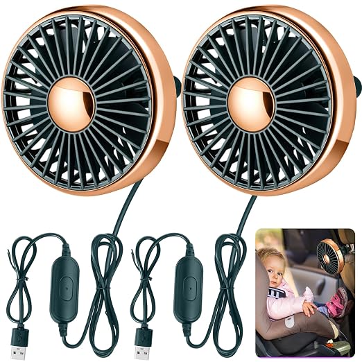 Glooglitter 2 Pcs Car Fan USB for Rear Seat Passenger Portable Headrest 360 Degree Rotatable 3 Speed 12v/ 24v Automobile Ventilation Fan with Clip for SUV Backseat, RV, Vehicles (Novelty,Gold) by Glooglitter