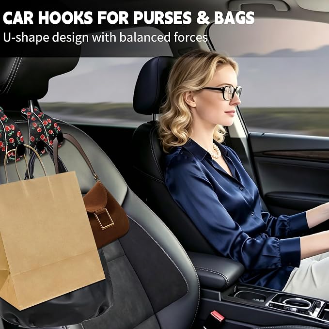 XIANGYUAN 2PCS PU Leather Car Seat Back Storage Headrest Hook,Purse Holder Bags Hanger,Women Car Accessories Organization(Red cherries) - Image 6