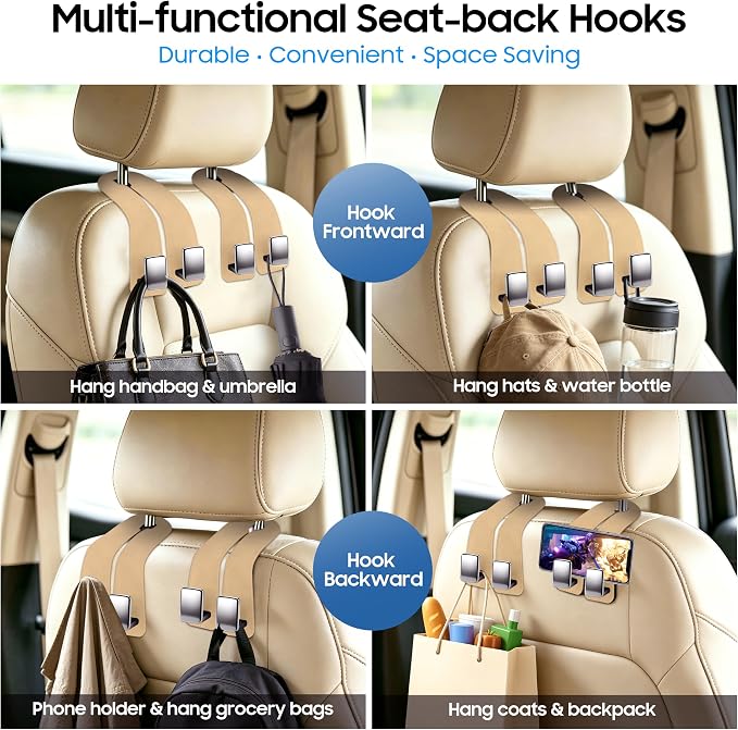 Amooca Car Headrest Hooks 2-Pack Suede Seat Organizer with Metal Core | Universal Fit, Double-hook Design, Backseat Storage for Backpack Umbrella Water Bottle Coat Purses Handbags Groceries, Beige - Image 6
