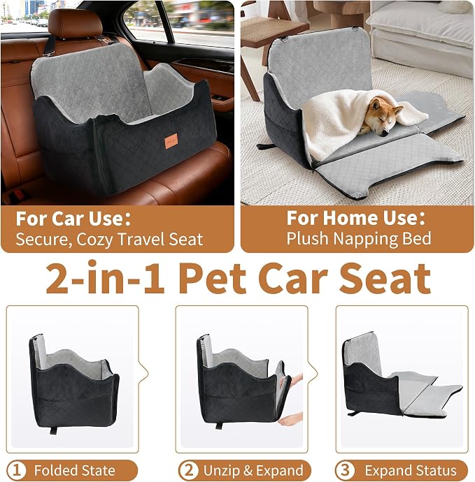 XEEP Dog Car Seat for Medium & Large Dogs Up to 55 lbs, Memory Foam | 2-in-1 Design, Includes Blanket & Urine Pad, 2 Height-Adjust Cushions, Two Safety Tethers, Machine Washable Cover(Black/Grey) - Image 6