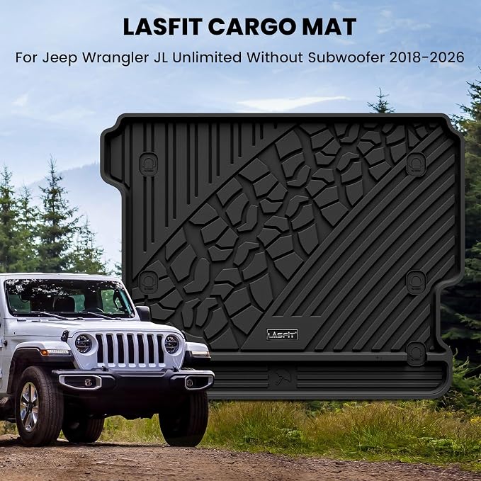LASFIT Cargo Mat for Jeep Wrangler JL 2018-2026 4 Doors Without SUBWOOFER | Not for JK/Not PHEV/Not 2-Door, All Weather, TPE, Custom Fit, Trunk Mat, for Flat Load Floor, Gas Type, Black - Image 8