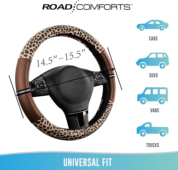 Road Comforts Leopard Steering Wheel Cover for Women, Cute Anti-Slip Microfiber Leather, Universal Fit 14.5-15 Inch Round Steering Wheel - Brown - Image 6