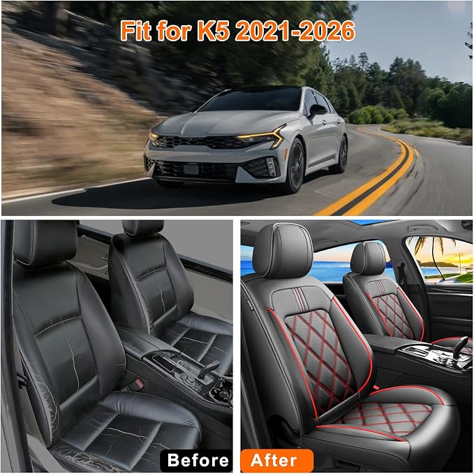 K5 Seat Covers Custom Fit for Kia K5 2021-2025 2026, Full Coverage Leather Waterproof Breathable Seat Covers Full Set, Automotive Seat Protectors, Airbag Compatible(5 Seats, Red & Black) - Image 6