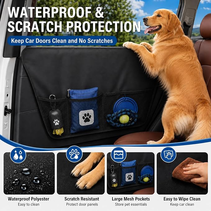 Dog Car Door Protector 2Pack Waterproof Anti Scratch SUV Truck Paw Guard | 600D Oxford,10 Heavy Duty Velcro & Reinforced PP Anchors,Window Safe Install,Storage Pocket,Mud Drool Claw Proof Washable - Image 6