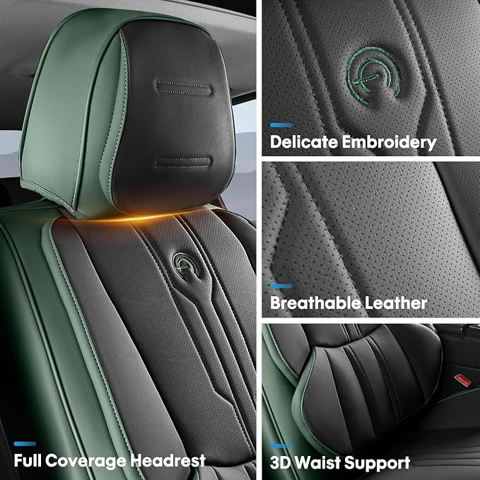 Car Seat Covers Custom Fit for Ford F150 2009-2026, Faux Leather Seat Cover Set for 2017-2026 F250 F350 F450, Accomodating Regular Cab Super Cab Super Crew Pickup Truck Cushions(BlackGreen,Front Seat) - Image 3