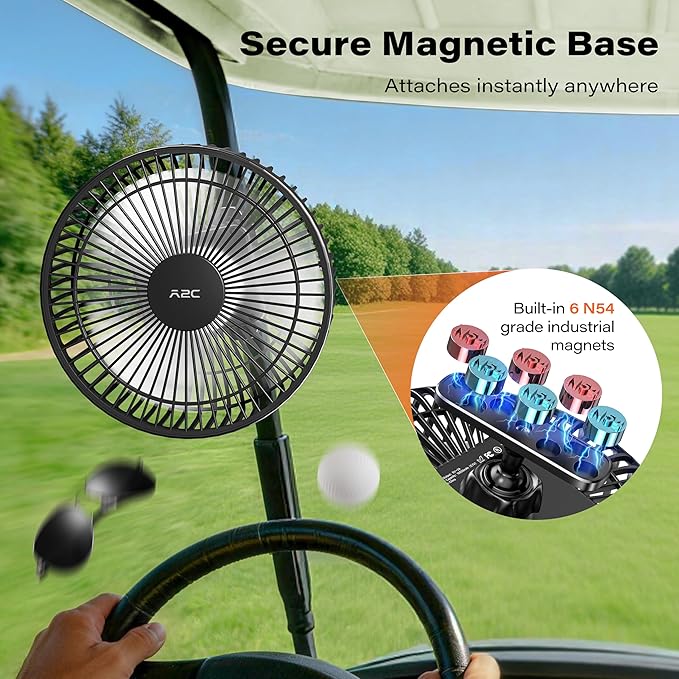 A2C Magnetic Rechargeable Fan for Golf Cart 7.5-Inch, Up to 28Hrs, 10000mAh | Battery Powered, Portable, 4 Speeds, Fits EZGO, Club Car, Yamaha Golf Cart Accessories Essentials Gifts for Men, Dad, Husband - Image 7