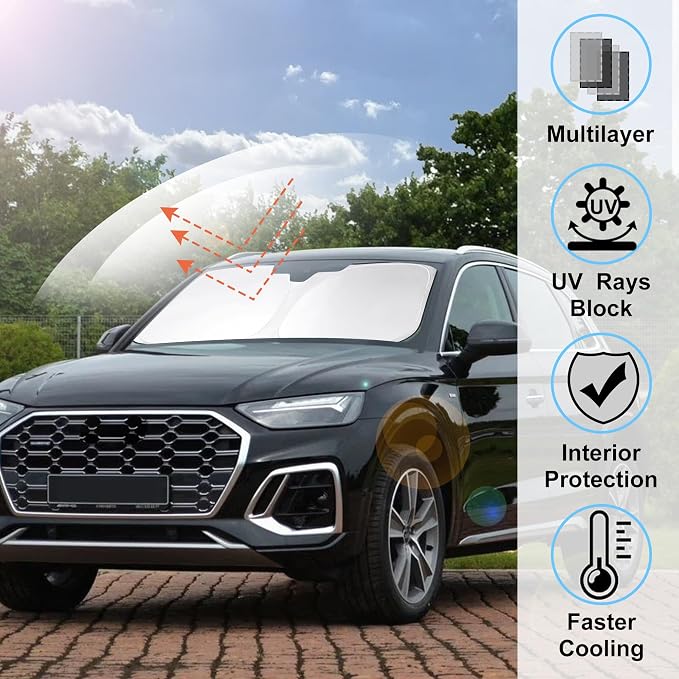 Windshield Sun Shade for 2018-2024 2025 2026 Audi Q5 Accessories | Full covered, Foldable & Durable, Block UV Rays, Reduce Heat, Easy to install, Keep Car Cooler - Image 2