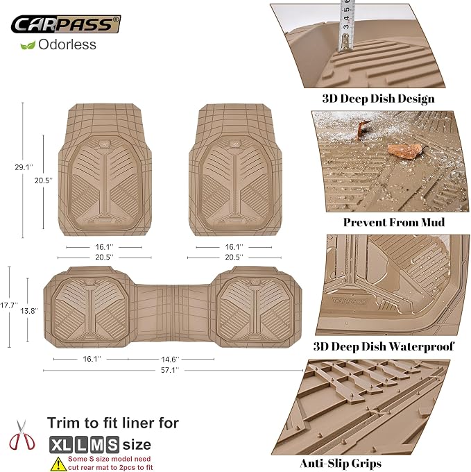 CAR PASS Heavy Duty Rubber Car Mats, Deep Dish Car Floor Mats Full Set, Universal All Weather Automotive Mats 3 Pieces Trim to Fit for Sedans SUVs Trucks, Waterproof Anti-Slip Floor Mats, Full Beige - Image 4