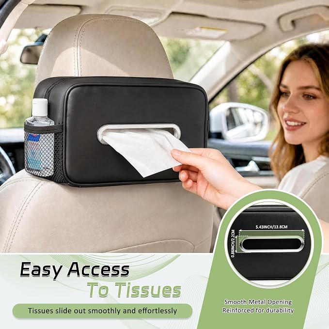 2PC Car Tissue Box Holder PU Leather Car Organizer with Side Storage Pocket | Tissue Box Cover, Fits 120-160 Standard Rectangular Tissue Boxes, Large Capacity Backseat Tissue Organizer for Car SUV Truck - Image 4