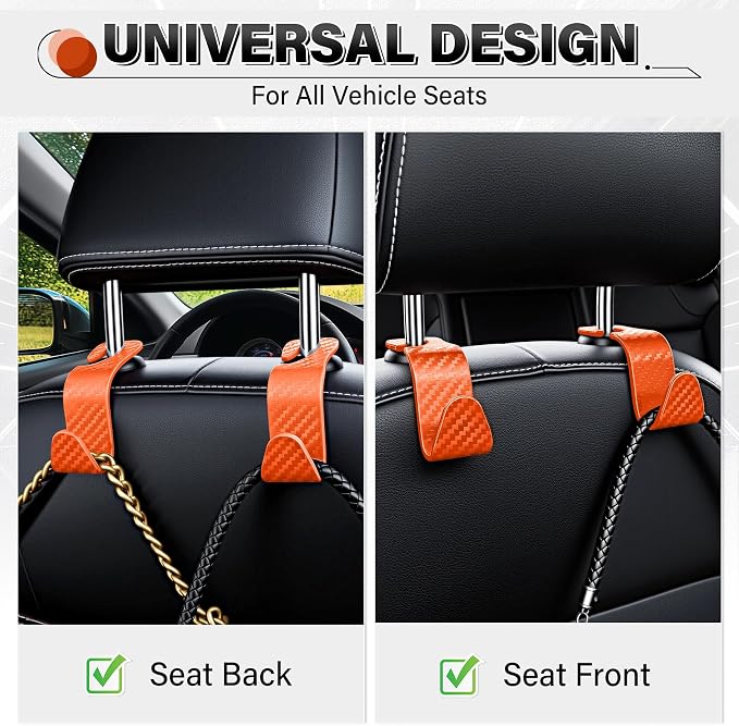 SINGARO Universal 4 Pack Car Seat Headrest Purse Hook, Carbon Fiber Back Seat Hook Storage Organizer Hanger for Purse Handbag Coat, Car Interior Accessories(Orange) - Image 4
