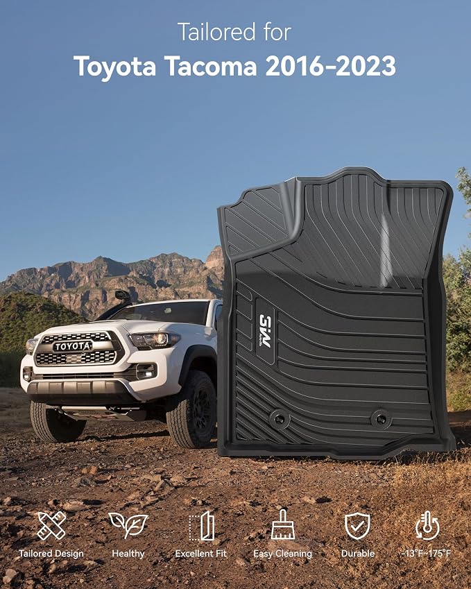 3W Floor Mats Fit 2016-2023 Toyota Tacoma Double Cab, Automatic | TPE All-Weather Custom Fit Liner, No Odor No Shift, SR/SR5/TRD/Limited/Trail, Black - Image 2