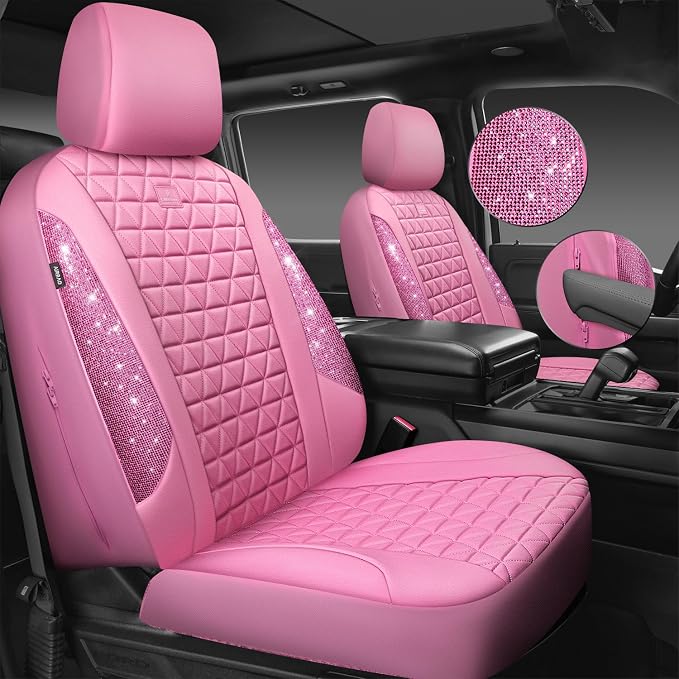 CAR PASS Bling Diamond Pink Leather Car Seat Covers Full Sets Interior Sets, Waterproof Shining Glitter Sparkly Crystal Universal Armrest Fit for Automotive Truck SUV Cute Women Girl, Pink Rhinestone - Image 8